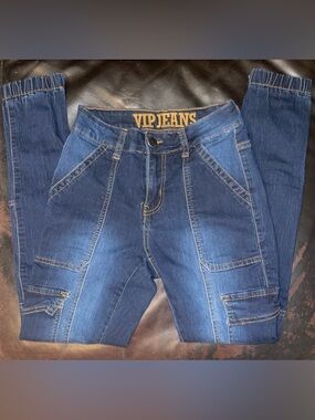 VIP Jeans Cargo Jogger Jeans Womens Blue Stretch Denim Elastic Cuffs Zip Size 0